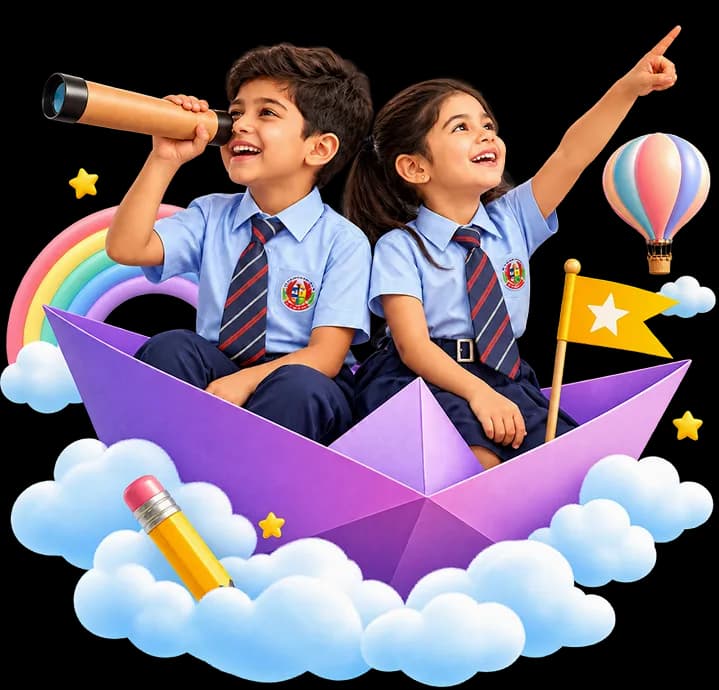 KT Global School Pre-Primary students on a learning journey in an origami boat among clouds with rainbow and hot air balloon
