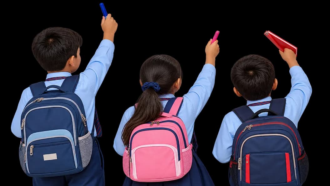 KT Global School Pre-Primary students raising hands towards the board