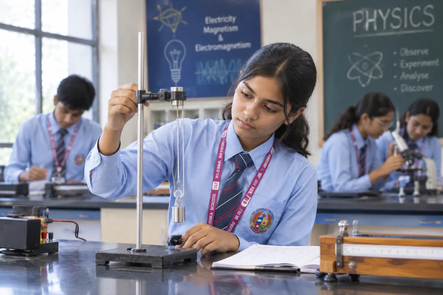 Student performing physics pendulum experiment in lab