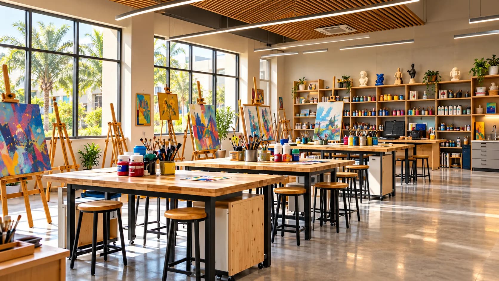 Art studio with work tables and supplies